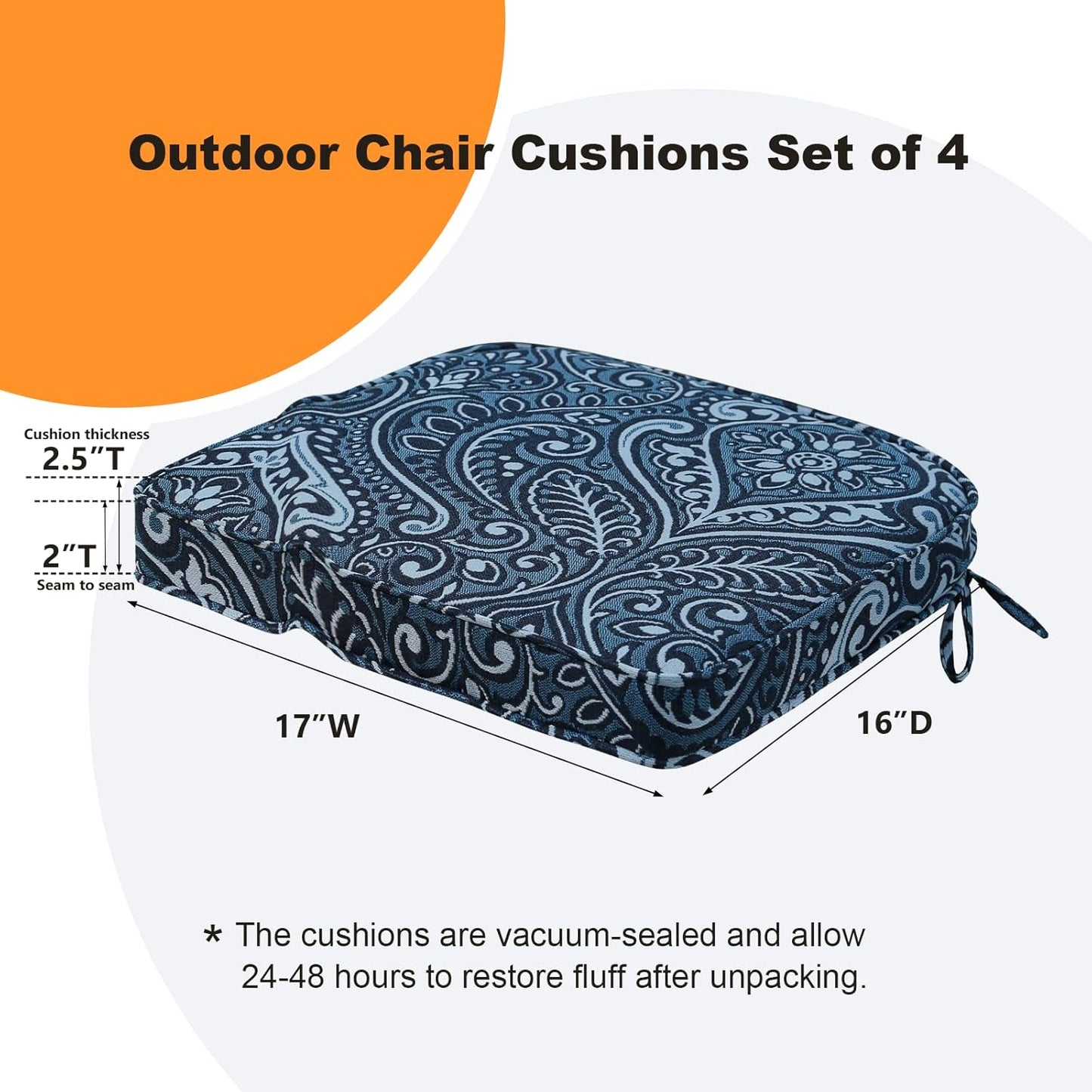 Round Corner Seat Cushions, 17" x 16" x 2", Set of 4, Indoor Outdoor Water Repellent Universal Chair Pads with Ties for Patio Furniture, Garden Deck Dining Chairs, Damask Blue Flower