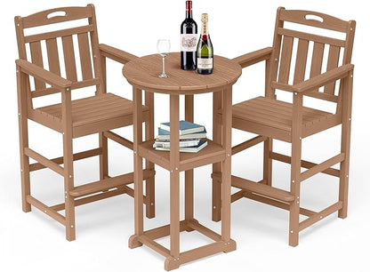 HDPE Outdoor Patio Bar Set with Bar Height Table and 2 Adirondack Chairs, All-Weather High Top Outside Round Pub Furniture for Bistro, Garden, Backyard, Deck | 3-Pieces, Teak