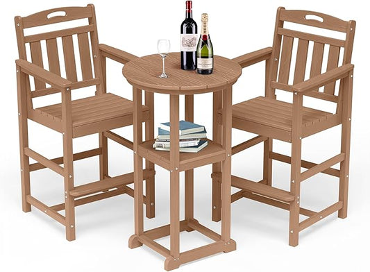 HDPE Outdoor Patio Bar Set with Bar Height Table and 2 Adirondack Chairs, All-Weather High Top Outside Round Pub Furniture for Bistro, Garden, Backyard, Deck | 3-Pieces, Teak