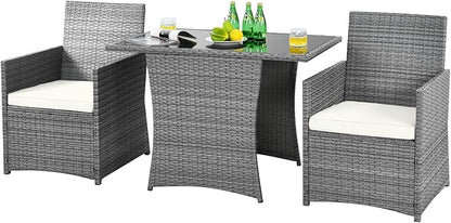 HAPPYGRILL 3 Pieces Outdoor Wicker Bistro Set Space-Saving PE Rattan Dining Table Set with Cushioned Chairs, Patio Conversation Set for Backyard Porch Garden and Poolside