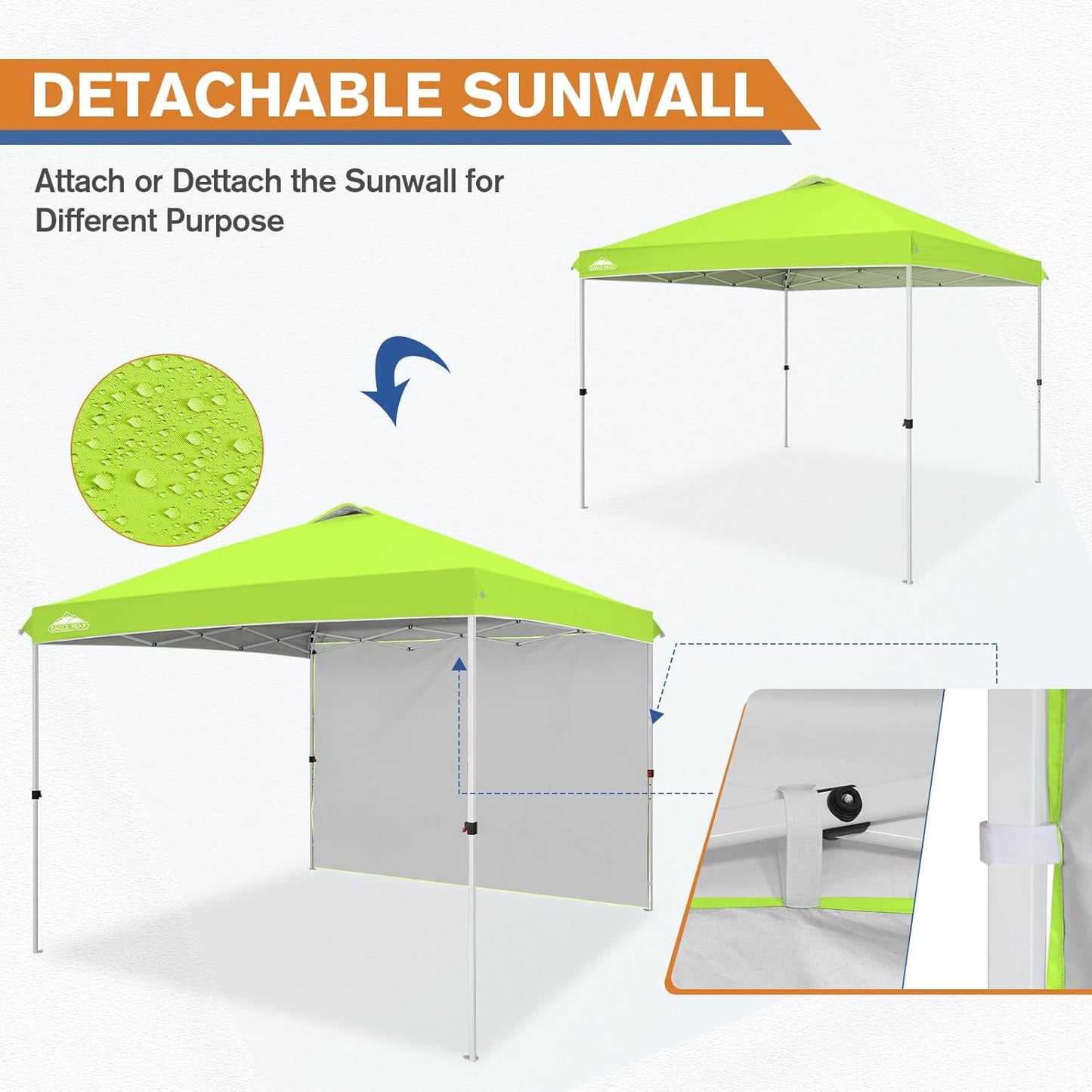 EAGLE PEAK Pop Up Canopy Tent with 1 Sidewall, Easy Setup Event Tent, Outdoor Sun Shade, Wheeled Carry Bag, Stakes and Guy Ropes, Instant Canopy 10x10, Neon Green