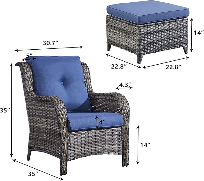Rilyson Wicker Patio Furniture Set - 4 Piece Rattan Outdoor Sectional Conversation Sets with 2 Chairs and 2 Ottomans for Porch Deck Garden(Mixed Grey/Blue)