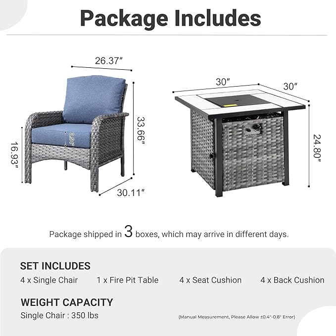 ovios 4 Pieces Patio Furniture Set with 30" Fire Pit Table, Outdoor Wicker Chairs of 4, All Weather High Back Rattan Chairs 4-Seater with Comfy Cushions, Denim Blue