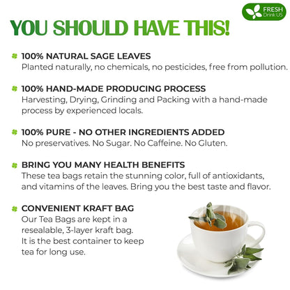 FreshDrinkUS Premium 75 Sage Leaf Tea Bags, 100% Natural & Pure. Loose Leaf Sage Herbal Tea. Made with Natural Material Tea Bags. No Sugar, No Caffeine, No Gluten, Vegan
