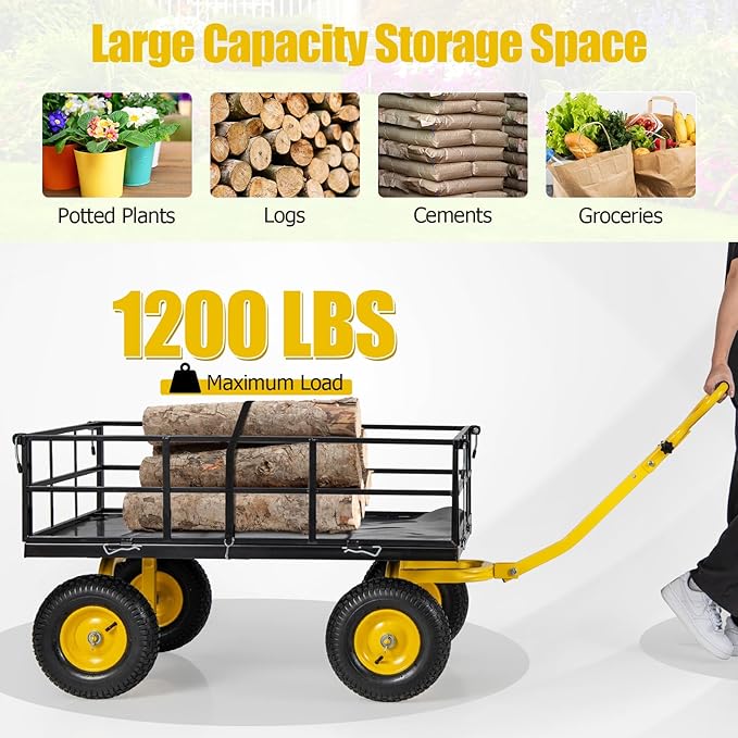 Utility Garden Cart, 1200 lbs Capacity Heavy Duty Wagon Cart with Rotating Handle, Removable Sides & 13" Wheels, Metal Utility Cart for Outdoor Hauling & Gardening