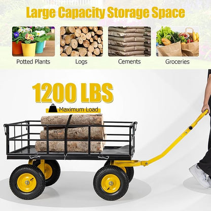 Utility Garden Cart, 1200 lbs Capacity Heavy Duty Wagon Cart with Rotating Handle, Removable Sides & 13" Wheels, Metal Utility Cart for Outdoor Hauling & Gardening
