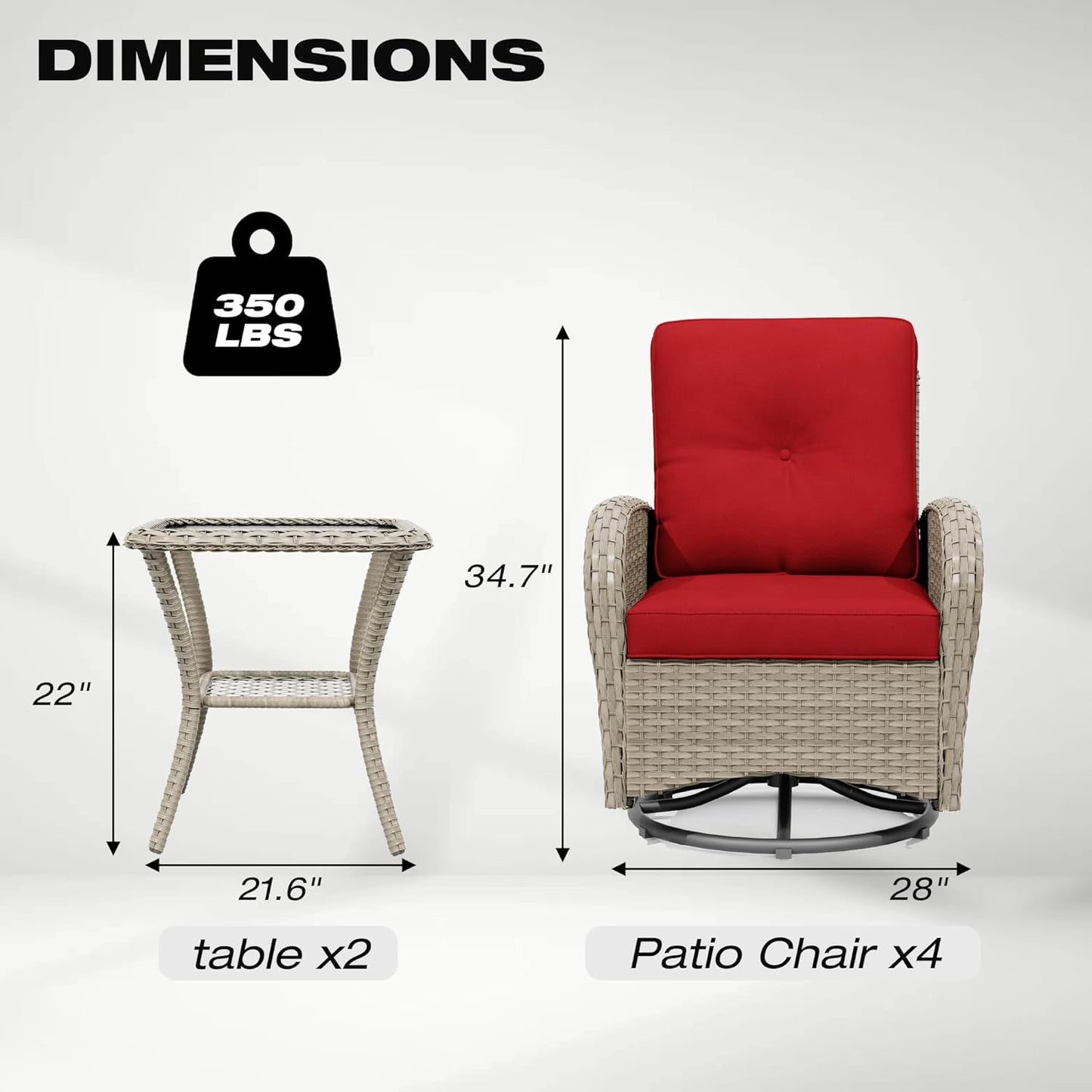 Joyside Outdoor Swivel Rocker Chairs, 6 Piece Wicker Patio Set with Thick Cushion and Side Table, Rattan Patio Swivel Rocking Chairs for Porch, Deck Use (Natural/Red, 6 PCS)