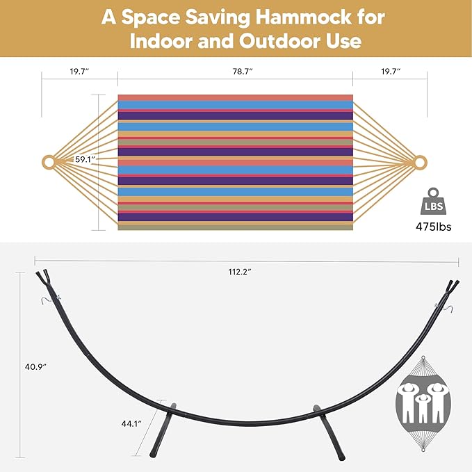 SUNCREAT Portable Large Hammock with Stand, Two Person Hammock with Stand Included, Rainbow Stripes