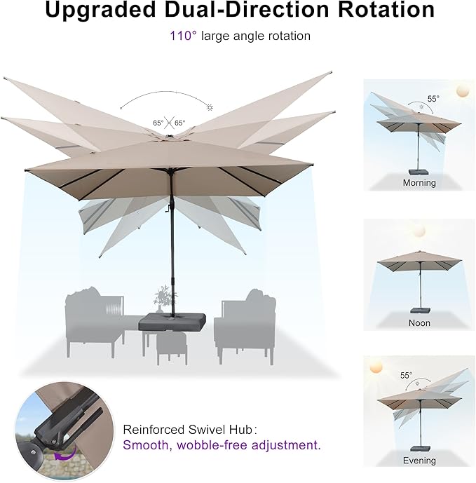 PURPLE LEAF 10' X 6.5' Left-right Tilting Outdoor Patio Umbrella Swivel Offset Cantilever Heavy Duty Rectangle Aluminum Umbrella with UV Resistant for Deck Pool Patio Backyard, Sand Dune