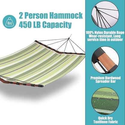 TegerDeger 12FT 2 Person Hammock Large Hammock Quick Dry 450LB Capacity with V Shaped Hardwood Spreader Bar & Nylon Rope for Outside, Patio, Garden, Backyard, Beach, Poolside - Tender Green Stripes