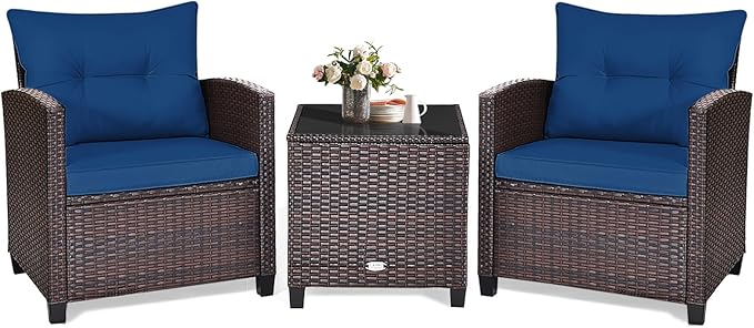 KOTEK 3 Piece Patio Furniture Set, Outdoor Conversation Set with Washable Cushions & Tempered Glass Tabletop, PE Rattan Wicker Bistro Set for Porch, Garden, Balcony (Navy Blue)