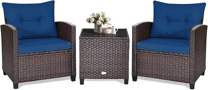 KOTEK 3 Piece Patio Furniture Set, Outdoor Conversation Set with Washable Cushions & Tempered Glass Tabletop, PE Rattan Wicker Bistro Set for Porch, Garden, Balcony (Navy Blue)