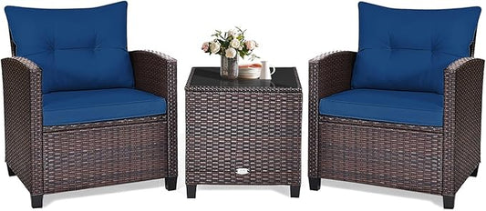 KOTEK 3 Piece Patio Furniture Set, Outdoor Conversation Set with Washable Cushions & Tempered Glass Tabletop, PE Rattan Wicker Bistro Set for Porch, Garden, Balcony (Navy Blue)