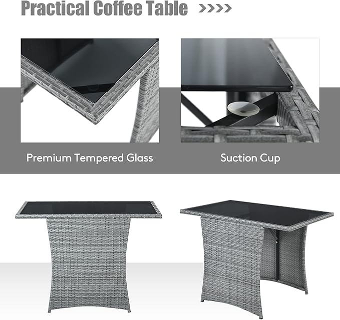 Tangkula 3 Pieces Patio Dining Set, Patiojoy Space-saving PE Rattan Bistro Set with Tempered Glass Top Table and Cushioned Chairs, Outdoor Conversation Set for Garden, Backyard, Poolside, Porch (Gray)