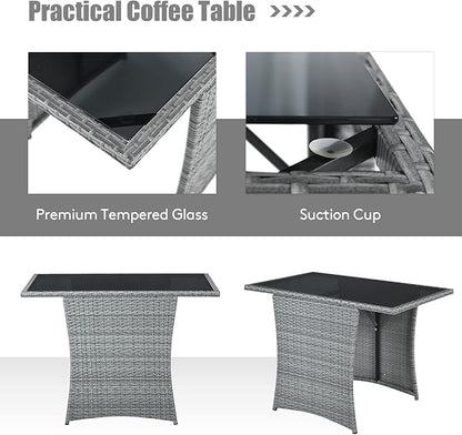 Tangkula 3 Pieces Patio Dining Set, Patiojoy Space-Saving PE Rattan Bistro Set with Tempered Glass Top Table and Cushioned Chairs, Outdoor Conversation Set for Garden, Backyard, Poolside, Porch (Red)