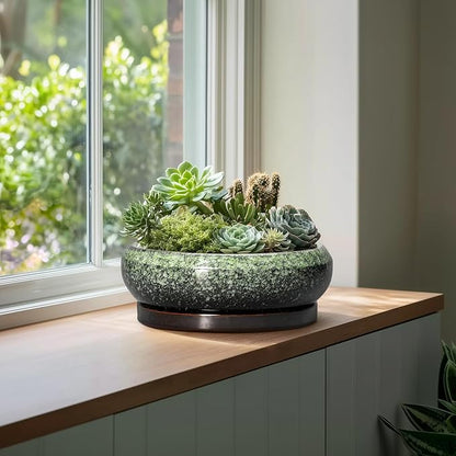 Bonsai Pots - 13 Inch Ceramic Succulent Planters Indoor, Round Shallow Planter with Drainage Hole and Saucer, Large Succulent Pot, Bowl Planter Outdoor, House Decor, Housewarming Gift, Green