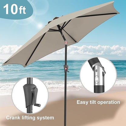 FLAME&SHADE 10ft Patio Umbrella - Outdoor Umbrella with 6 Sturdy Ribs, Push Button Tilt and Crank, UV Protection Table Market Umbrella for Pool, Porch，Garden, Deck, Backyard (Taupe)
