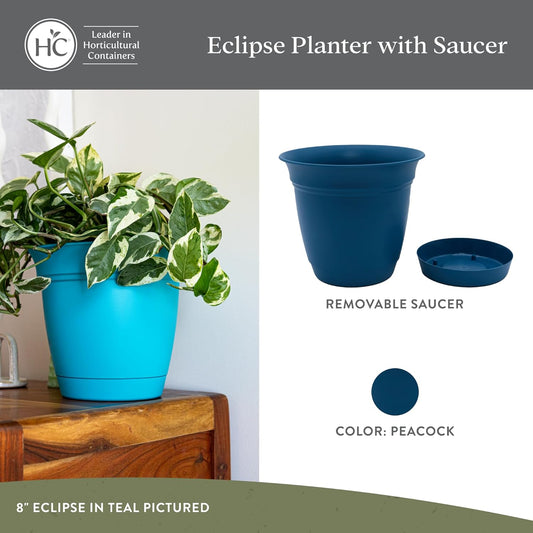 The HC Companies Eclipse Round Planter with Saucer - Outdoor & Indoor Plant Pot with Drainage Holes - Lightweight, UV-Resistant Plastic Pots for Plants, Flowers & Herbs (10" Peacock, Pack of 1)