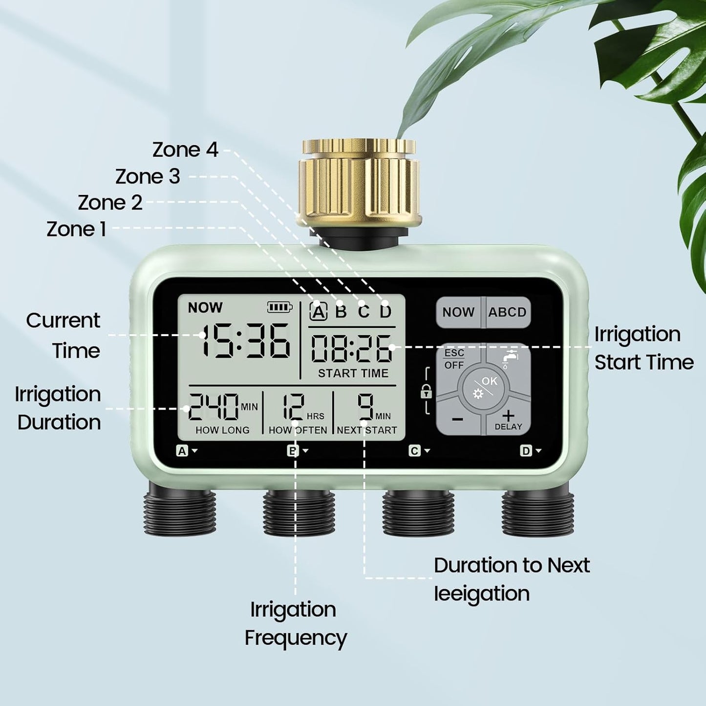 Watering Timer 4 Zone with with Brass Inlet, Sprinkler Timer, Programmable Garden Outdoor Hose Faucet Timers with Rain Delay/Manual/Automatic Watering System,Water Hose Irrigation Timers 4 Outlet