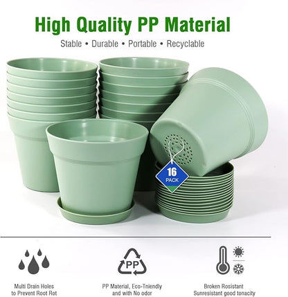 WOUSIWER 16 Pack 6 inch Plastic Planters, Plastic Indoor Planter Flower Pots, Heavy Duty and Stylish 6 Inch Plant Pots for Indoor Plants with Drainage Holes and Tray for Plants Flowers, Green