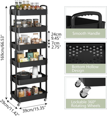 Sywhitta 6-Tier Plastic Rolling Utility Cart with Handle, Multi-Functional Storage Trolley for Office, Living Room, Kitchen, Movable Storage Organizer with Wheels, Black