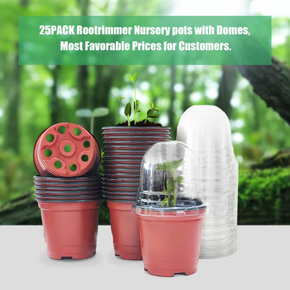 Plant Nursery Pots with Humidity Domes, 25 Sets 4 Inch Soft Nursery Pots Quality Ones (25 Red Pots + 25 Clear Lids), Seeds Starter Pots Small Planter Containers