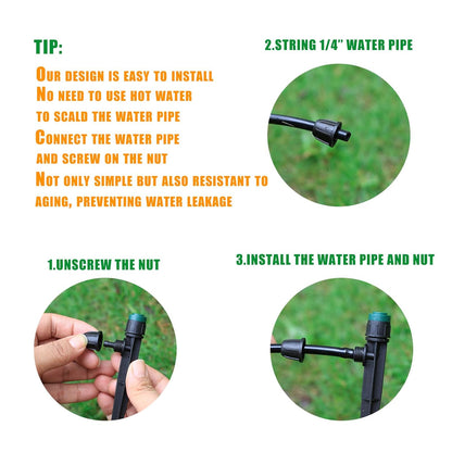 Anti-Drop Drip Irrigation Emitters Sprayers for 1/4" Tubing, with Lock Barbed Adjustable 360 Degree Water Flow Drippers Sprayer for Garden Watering System. (100pcs-360 Degree Sprayer)