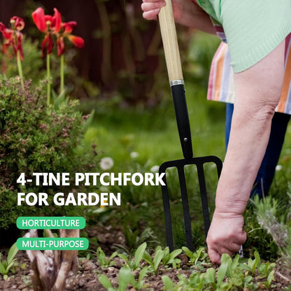 Garden Fork,4-Tine Pitchfork,Spading Digging Fork,Forged Steel Y-Grip, Wood Handle,45Inch