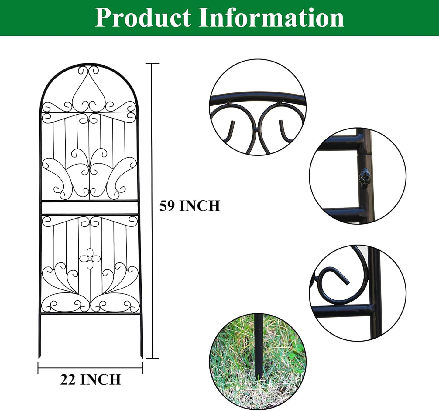 SCENDOR Trellis for Climbing Plants 59" H x 22" W Metal Unique Design Decorative Garden Structure Weather-Resistant Lattice Outdoor Decor Flowers Roses Vine Ivy Clematis Black Coating 1 Pack