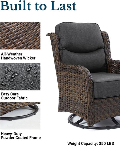 HILLGA Luxury Outdoor Swivel Rocker Patio Chairs of 2 with 6 Inch Thick Cushions and Side Table, Swivel Outdoor Chairs 5PCS High Back Wicker Patio Furniture Set for Porch, Balcony, Deck in Dark Grey