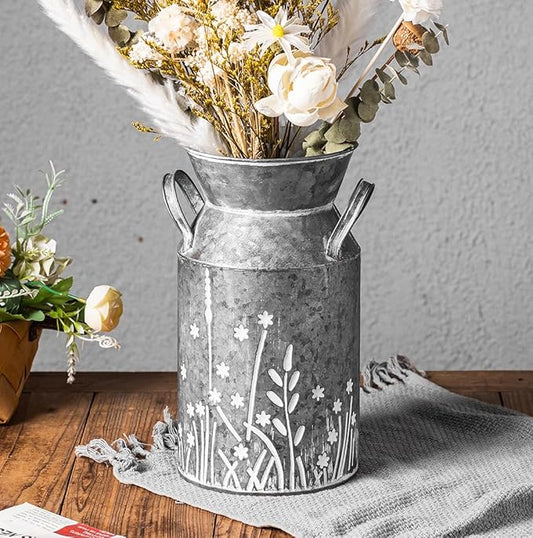 Vintage Galvanized Metal Milk Can, Farmhouse Rustic Flower Pitcher Vase, Decorative Floral Milk Jug Vase for Home Décor, 10.8’’H