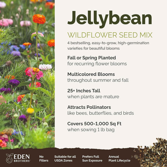 Eden Brothers Jellybean Flower Mixed Seeds for Planting, 1 lb, 480,000+ Seeds with Zinnia, Cornflower, Cosmos, Calendula | Attracts Pollinators, Plant in Spring or Fall, Zones 3, 4, 5, 6, 7, 8, 9, 10