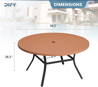 DIFY Round Outdoor Patio Dining Table for 8, 56.3" Patio Table with All-Weather Faux Wood Tabletop and Metal Steel Frame, Outside Table for Garden Porch Backyard, Walnut