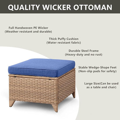 Rilyson Outdoor Patio Wicker Furniture Set - 5 Piece Rattan Patio Conversation Sectional Sofa Set with 1 Couch,2 Armchairs,2 Ottomans for Porch Deck Garden(Yellow/Blue)