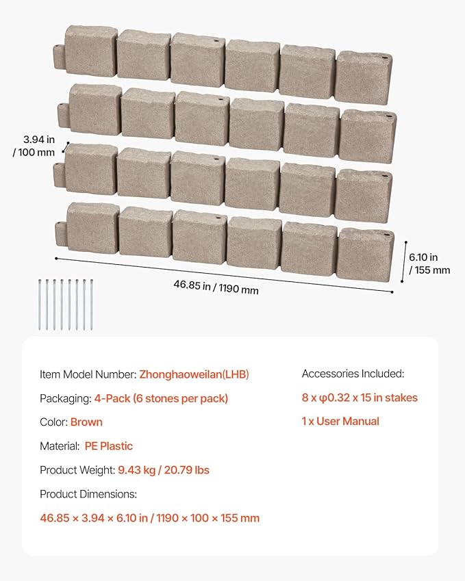 VEVOR Faux Stone Landscape Edging, No Dig Garden Edging Border, Flexible Blocks for Lawn Edging, Flower Beds, Driveway, Yards with 12 Spikes, 4 Pack 24 Bricks 16FT Kit, 46.9" Lx 4" W x 6" H, Brown