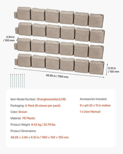 VEVOR Faux Stone Landscape Edging, No Dig Garden Edging Border, Flexible Blocks for Lawn Edging, Flower Beds, Driveway, Yards with 12 Spikes, 4 Pack 24 Bricks 16FT Kit, 46.9" Lx 4" W x 6" H, Brown