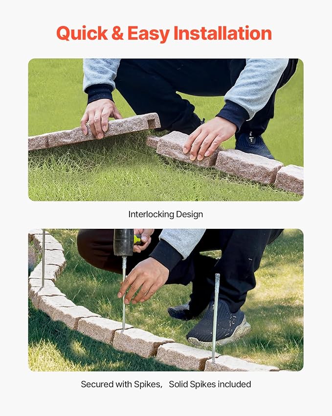 VEVOR Faux Stone Landscape Edging, No Dig Garden Edging Border, Flexible Blocks for Lawn Edging, Flower Beds, Driveway, Yards with 12 Spikes, 4 Pack 24 Bricks 16FT Kit, 46.5" Lx 3.7" W x 2.2" H, Brown