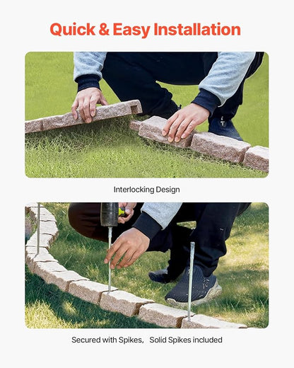VEVOR Faux Stone Landscape Edging, No Dig Garden Edging Border, Flexible Blocks for Lawn Edging, Flower Beds, Driveway, Yards with 12 Spikes, 4 Pack 24 Bricks 16FT Kit, 46.5" Lx 3.7" W x 2.2" H, Brown