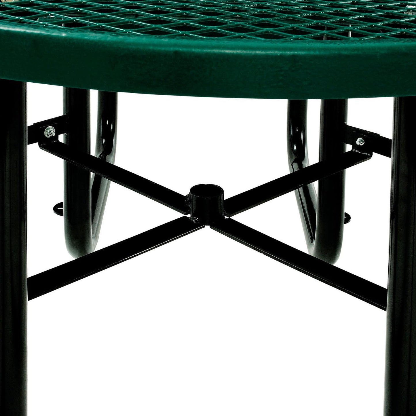 Global Industrial 46" Round Picnic Table, Expanded Metal, Green Thermoplastic Coating, Attached Benches, 1-1/2” Umbrella Pole Hole, Outdoor-Rated, 1000 lb Capacity