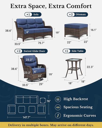 HILLGA Luxury Patio Furniture Set with 6-inch Thick Cushion, Outdoor Couch and High Back Swivel Rocker Patio Chairs, 6PCS Wicker Conversation Set for Deck Yard and Poolside, Blue (V2)
