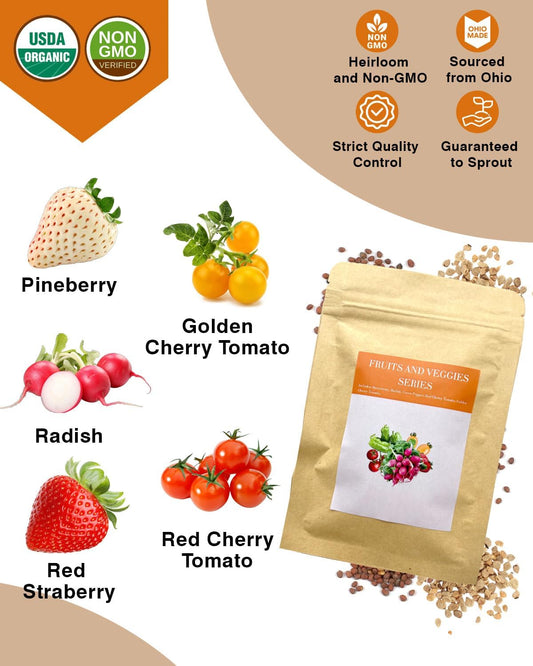 Red Strawberry and Pineberry Seed Pod Kit for AeroGarden, iDoo, Ahopegarden, MUFGA with Red Strawberry, Pineberry, Radish, Red Cherry/Golden Cherry Tomato - Compatible with All Hydroponics (7-Pod)