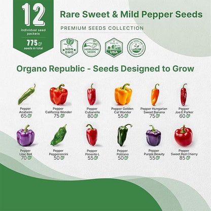 Organo Republic 12 Rare Sweet & Mild Pepper Seeds Variety Pack - 770+ Non-GMO Heirloom Pepper Seeds for Outdoor and Indoor Home Gardening, Including Pepper Anaheim, Pepperonchini, Pimento, Lilac Bell
