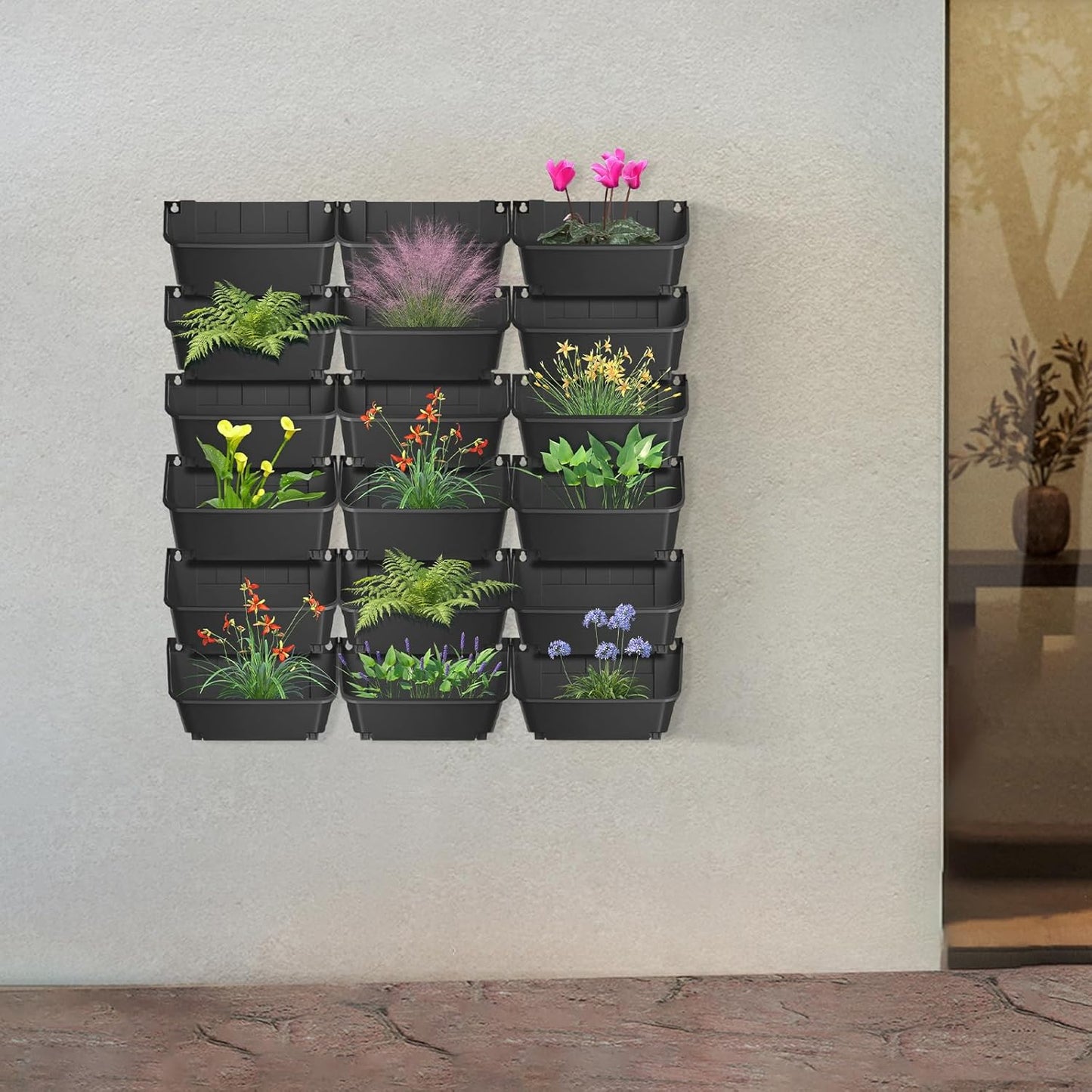 Eapmic Vertical Wall Planter with 18 Pots, Hanging Garden Plant Flowerpot Holder, Stackable Wall-Mounted Planter, Balcony Planters for Flowers Vegetables Fruits (Black, 18 Pots)