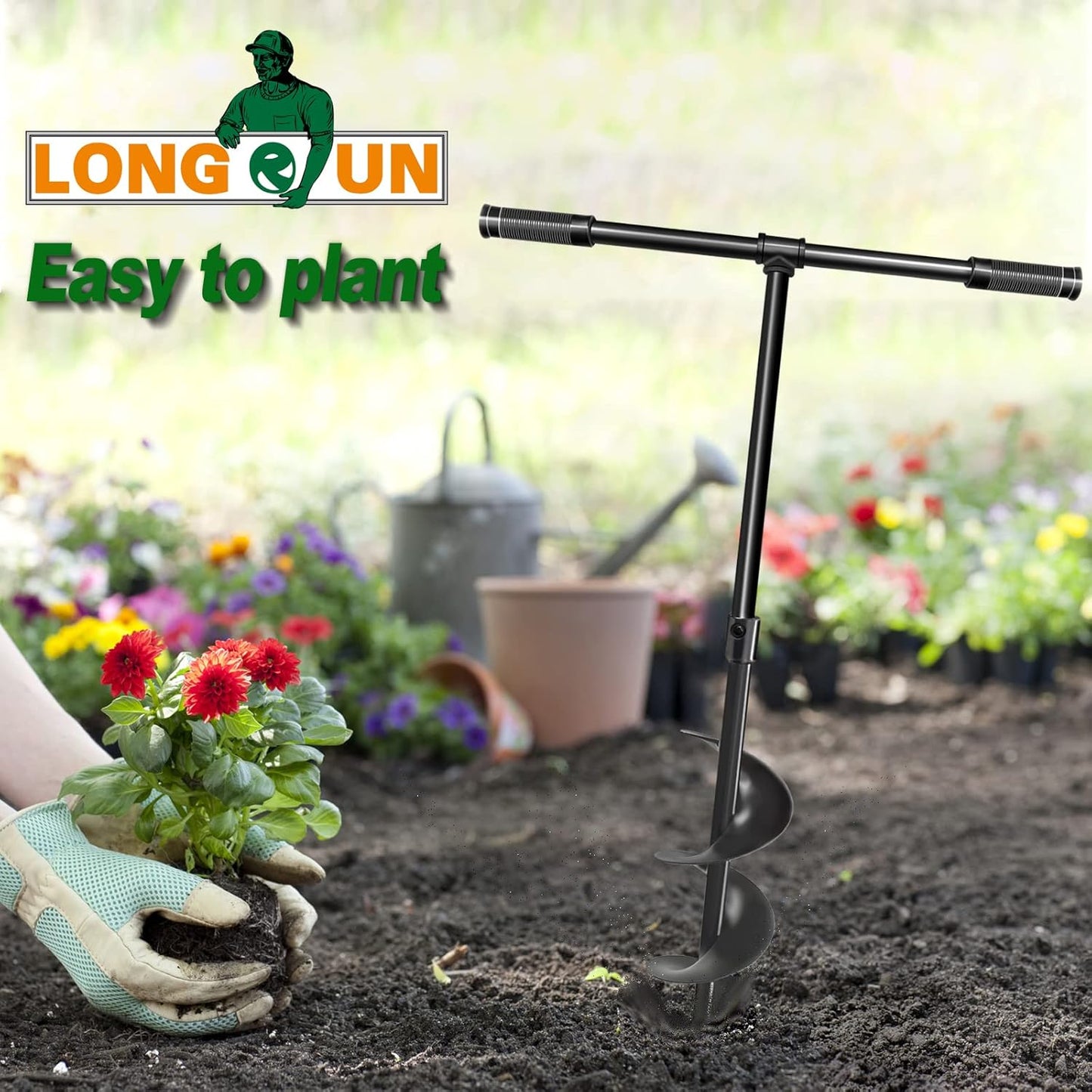 LONGRUN Manual Garden Hole Digging Drill Bit, Hand Drill Auger Post Hole Digger for Planting, Spiral Drill Planter for Bulb, Flower, Tree, Seedlings, Bedding Plants, Umbrella, Fence Holes-6"x 38"