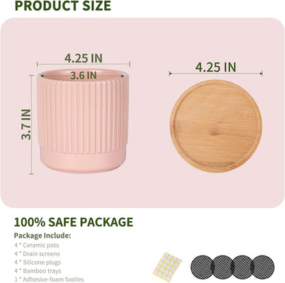 AOMRYOM 4.25 Inch Ceramic Plant Pots with Drainage Holes and Trays, Small Flower Planters Home Decor for Indoor Plants, Succulents, Cactus, Herbs, Multi-Color Stripe, 4 Packs (Plant Not Included)