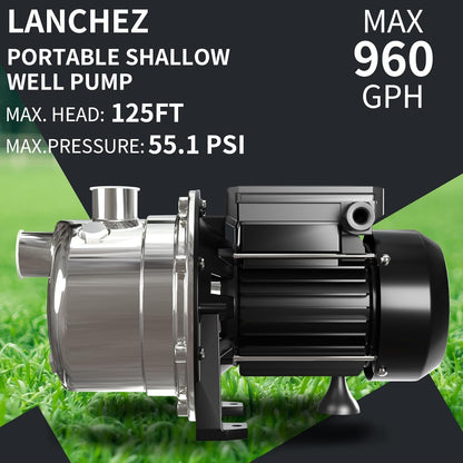 LANCHEZ 1/2 HP Shallow Well Garden Pump, Portable Stainless Steel Water Transfer Draining Irrigation Pump for Lawn Fountain, 960 GPH, 125 Feet Height