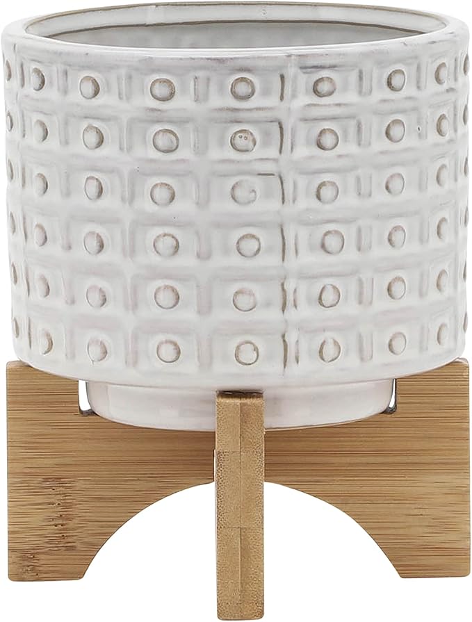 Sagebrook Home Ceramic Planter with Stand - Textured Stoneware Pot with Bamboo Wood Base - Modern Indoor & Outdoor Plant Holder - 8" Ivory