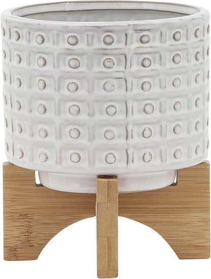 Sagebrook Home Ceramic Planter with Stand - Textured Stoneware Pot with Bamboo Wood Base - Modern Indoor & Outdoor Plant Holder - 8" Ivory