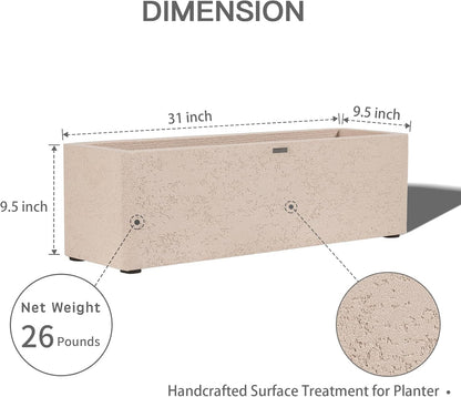 31 Inch Rectangular Concrete Planter,Durable All-Weather Use with Drainage Holes,Large Rectangular Planter for Outdoor Indoor Plants