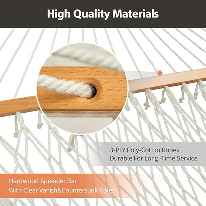 Outdoor Double Hammock with Hardwood Spreader Bars, Large Rope Hammock with Polyester Pad and Pillow, 475 LBS Capacity for 2 Person Patio Backyard Poolside - Terracotta